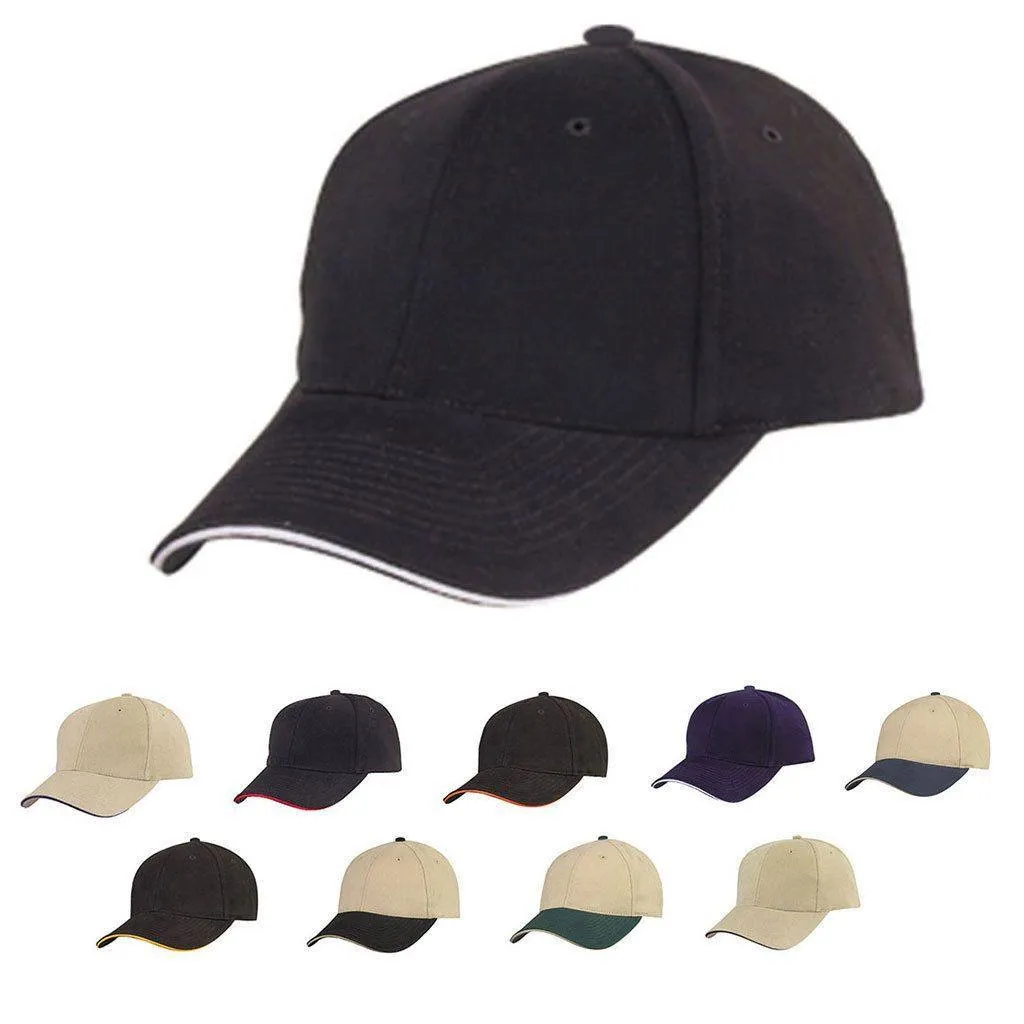1 Dozen Brushed Cotton Sandwich 6 Panel Low Crown Baseball Hats Caps Wholesale Bulk