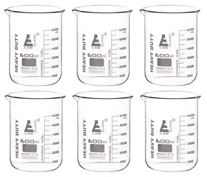 6PK Heavy Duty Beakers, 600ml - 5mm Thick, Uniform Walls - Superior Durability & Chemical Resistance - White Graduations - Borosilicate 3.3 Glass - Eisco Labs