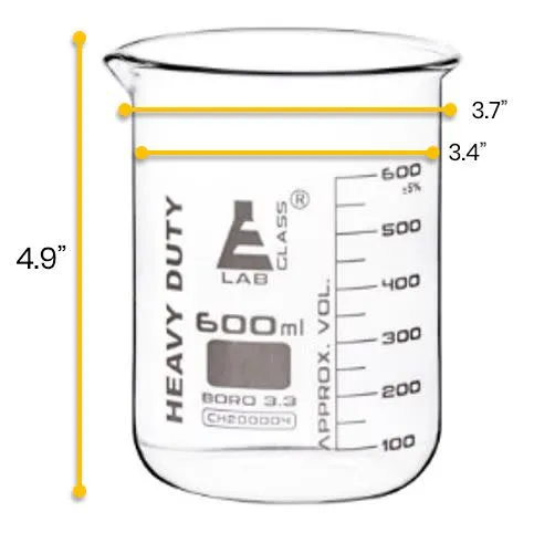 6PK Heavy Duty Beakers, 600ml - 5mm Thick, Uniform Walls - Superior Durability & Chemical Resistance - White Graduations - Borosilicate 3.3 Glass - Eisco Labs