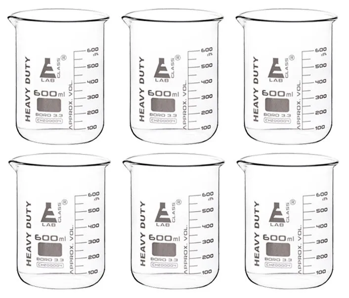 6PK Heavy Duty Beakers, 600ml - 5mm Thick, Uniform Walls - Superior Durability & Chemical Resistance - White Graduations - Borosilicate 3.3 Glass - Eisco Labs