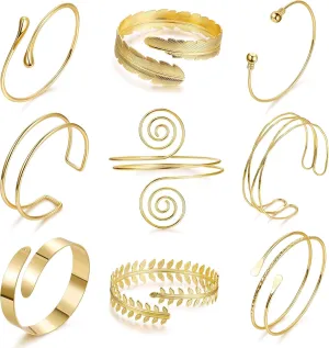 9PCS Minimalist Arm Cuff for Women Gold Bangle Armband Coil Swirl Upper Armlet Arm Cuff Bracelets Simple Adjustable Armband Jewelry Set