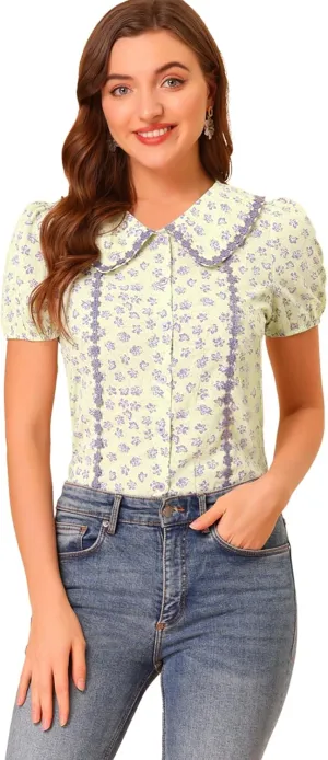 Allegra K Button Down Tops for Women's 1950s Peter Pan Collar Floral Blouse