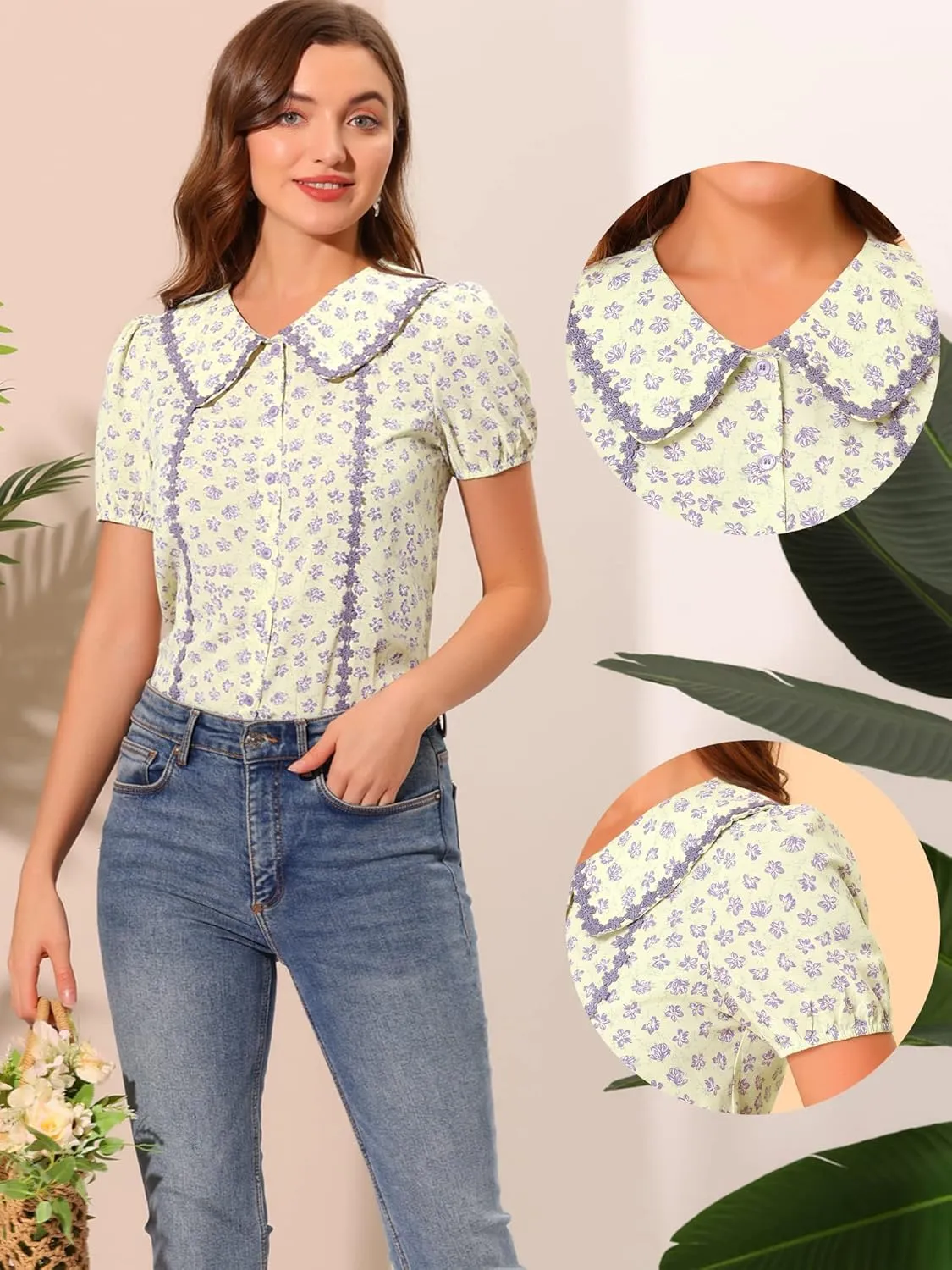 Allegra K Button Down Tops for Women's 1950s Peter Pan Collar Floral Blouse