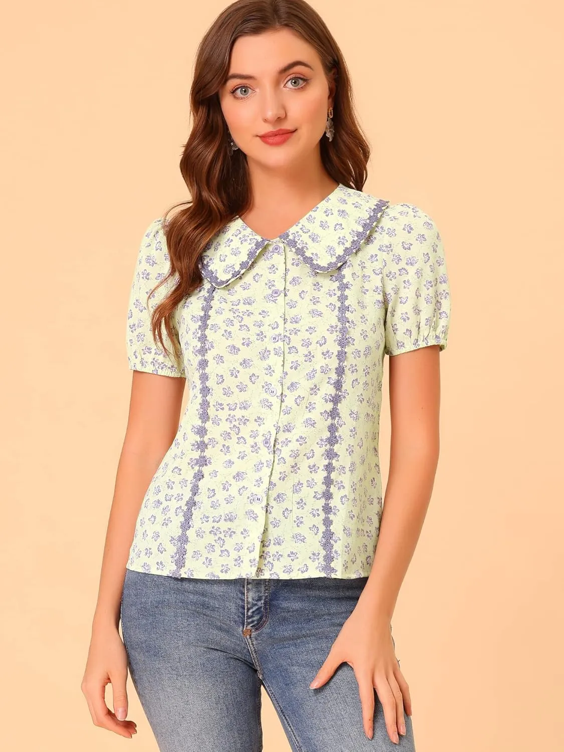 Allegra K Button Down Tops for Women's 1950s Peter Pan Collar Floral Blouse