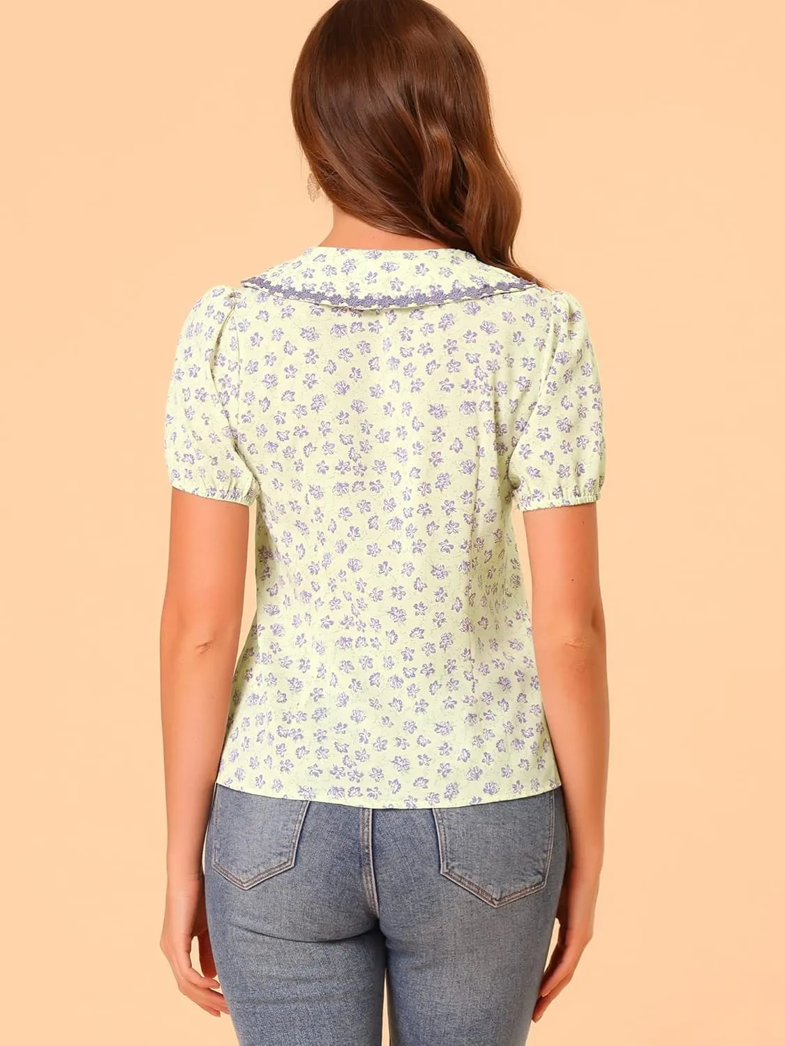 Allegra K Button Down Tops for Women's 1950s Peter Pan Collar Floral Blouse