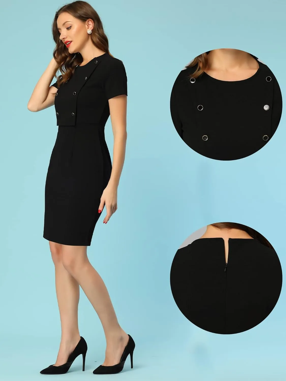 Allegra K Short Sleeve Sheath Dress for Women's Business Casual Bodycon Pencil Dress