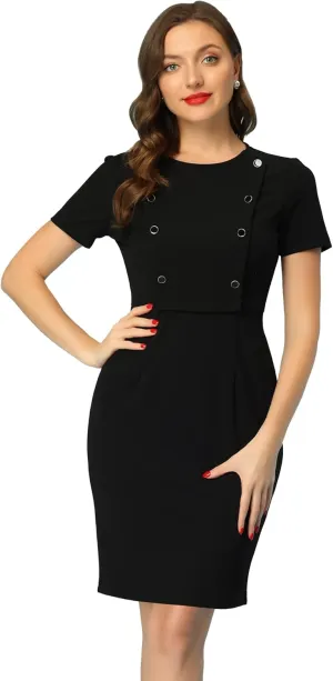 Allegra K Short Sleeve Sheath Dress for Women's Business Casual Bodycon Pencil Dress