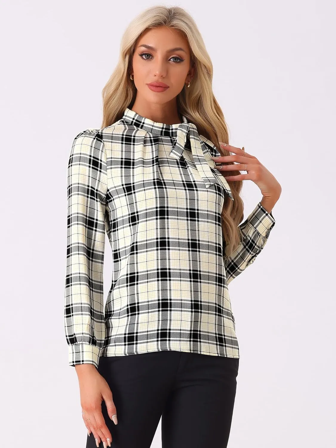 Allegra K Women's Tie Front Tops Long Sleeve Dressy Elegant Bow Neck Shirt