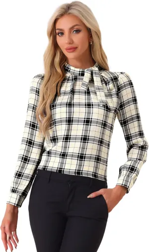 Allegra K Women's Tie Front Tops Long Sleeve Dressy Elegant Bow Neck Shirt