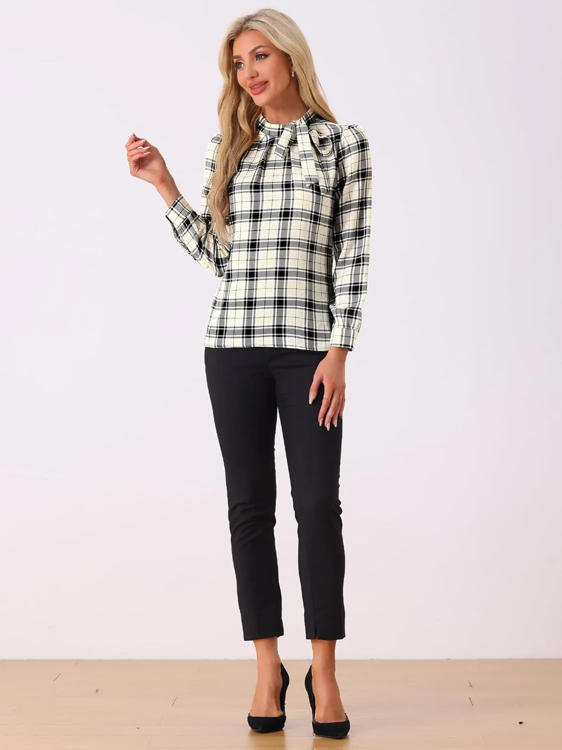 Allegra K Women's Tie Front Tops Long Sleeve Dressy Elegant Bow Neck Shirt