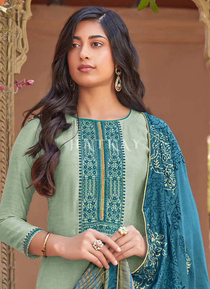 Aqua Blue Embroidered Pant Style Salwar Suit