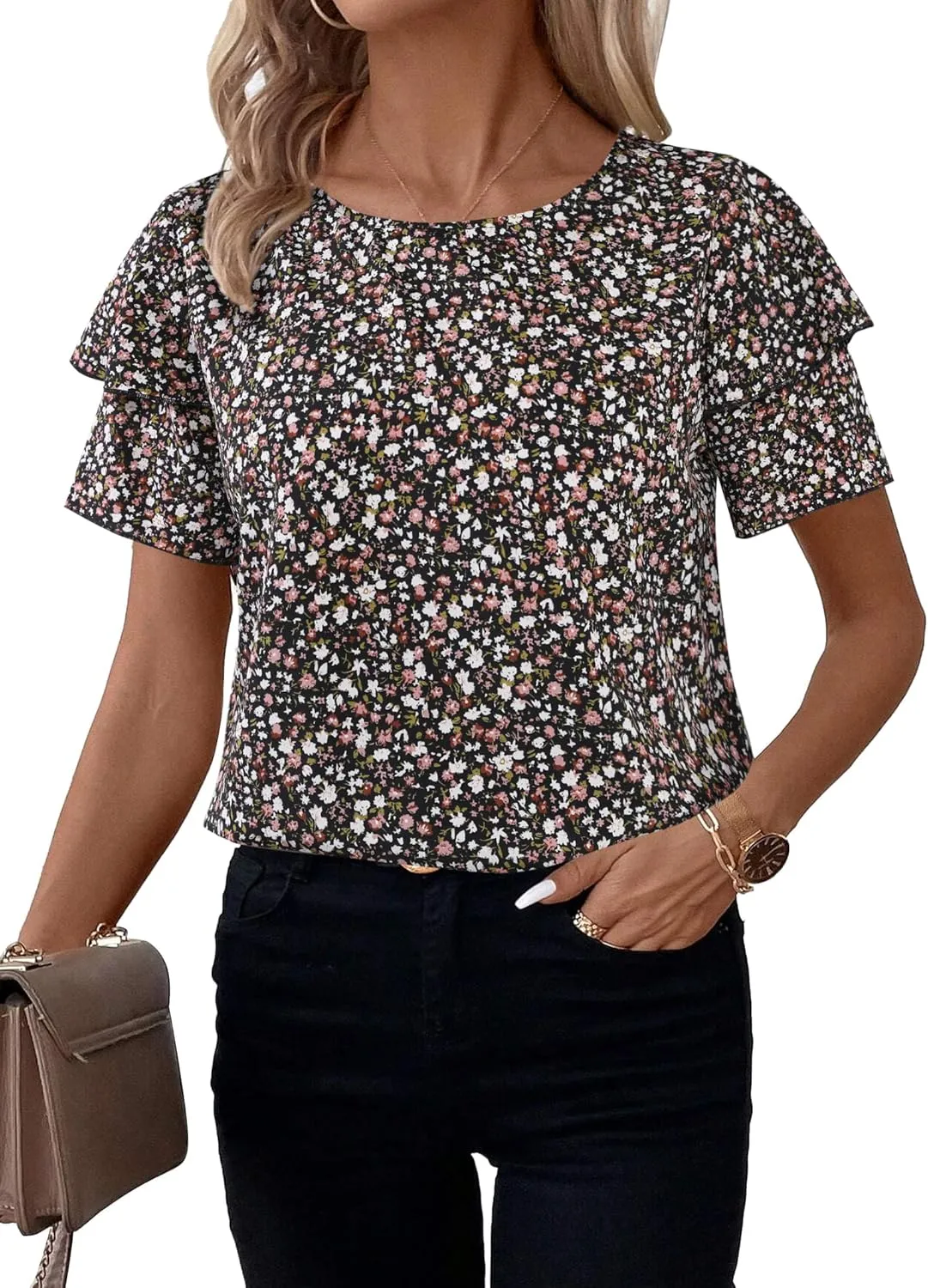 Avanova Women Floral Boho Print Ruffle Flutter Blouse Short Sleeve Work Business Summer Top Shirt Black Floral Large