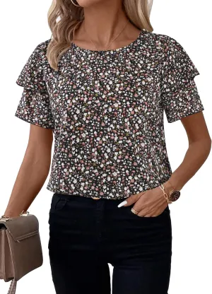 Avanova Women Floral Boho Print Ruffle Flutter Blouse Short Sleeve Work Business Summer Top Shirt Black Floral Large