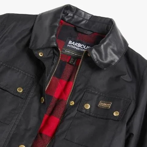 Barbour International Milla Waxed Trench Coat in Black / Scarlet Black