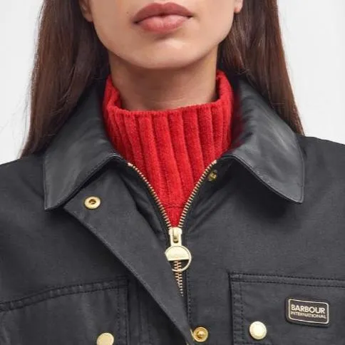 Barbour International Milla Waxed Trench Coat in Black / Scarlet Black