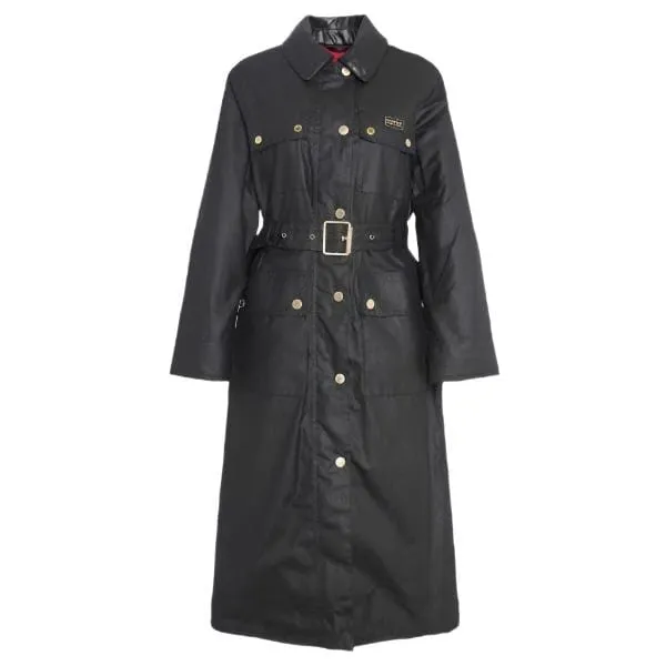 Barbour International Milla Waxed Trench Coat in Black / Scarlet Black