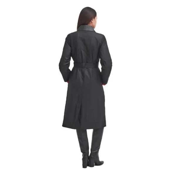 Barbour International Milla Waxed Trench Coat in Black / Scarlet Black