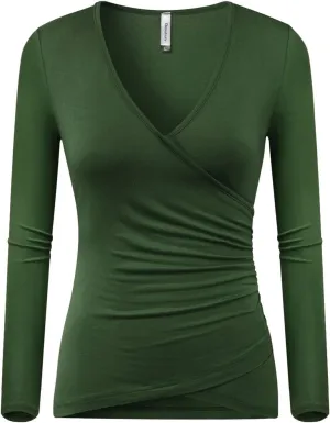 Beauhuty Women's Deep V Neck Slim Fitted Long Sleeve T-Shirt Front Wrap Ruched Tee Tops