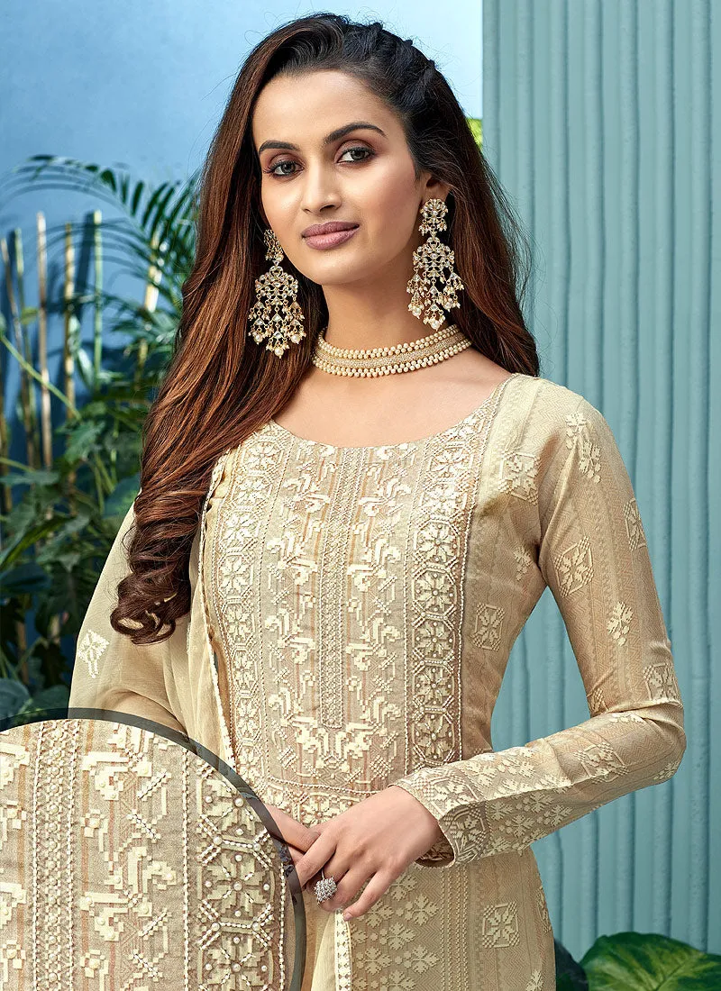 Beige Pearl Embroidered Palazzo Suit