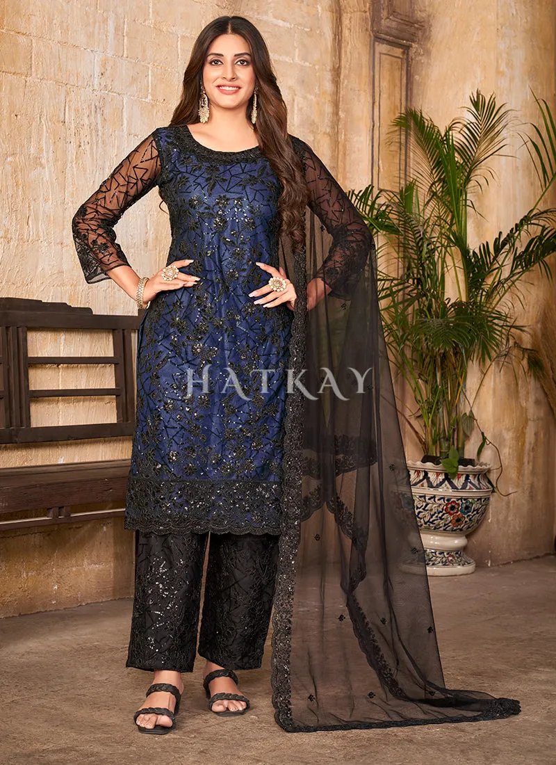 Black And Blue Sequence Embroidered Pant Suit
