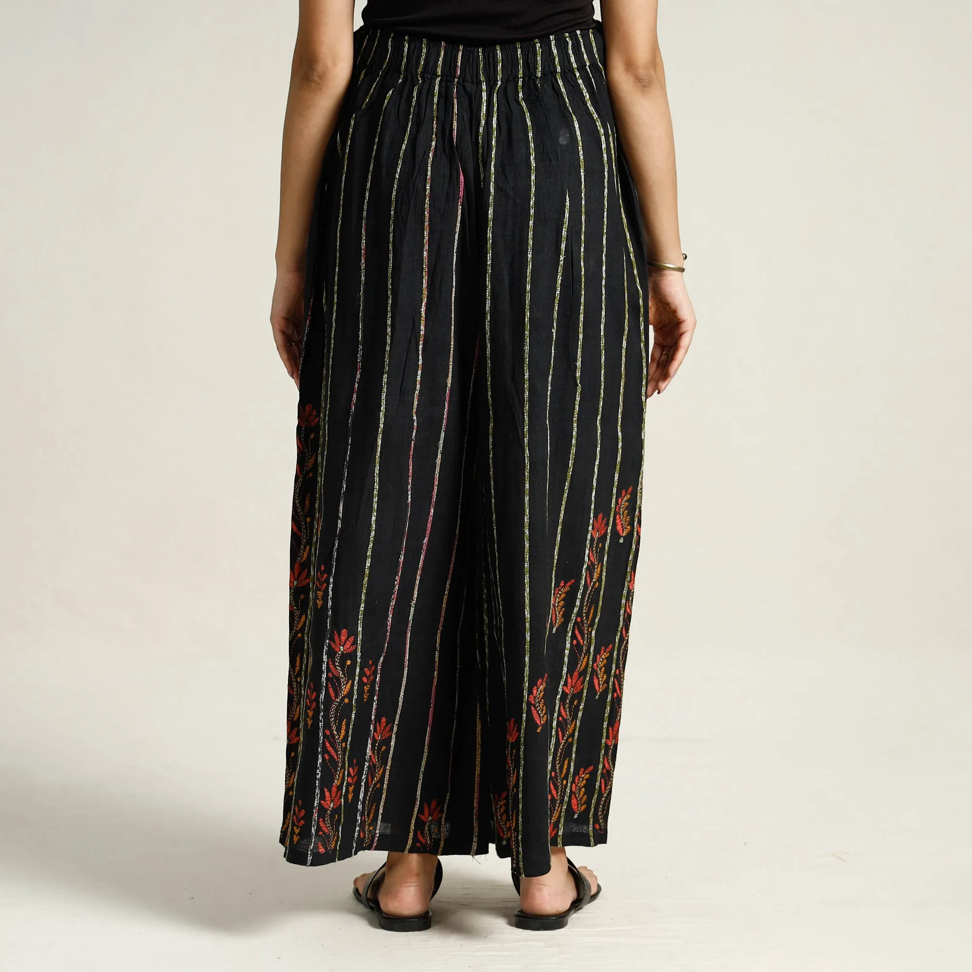Black - Bengal Khesh Weaving Kantha Embroidery Cotton Palazzo 14