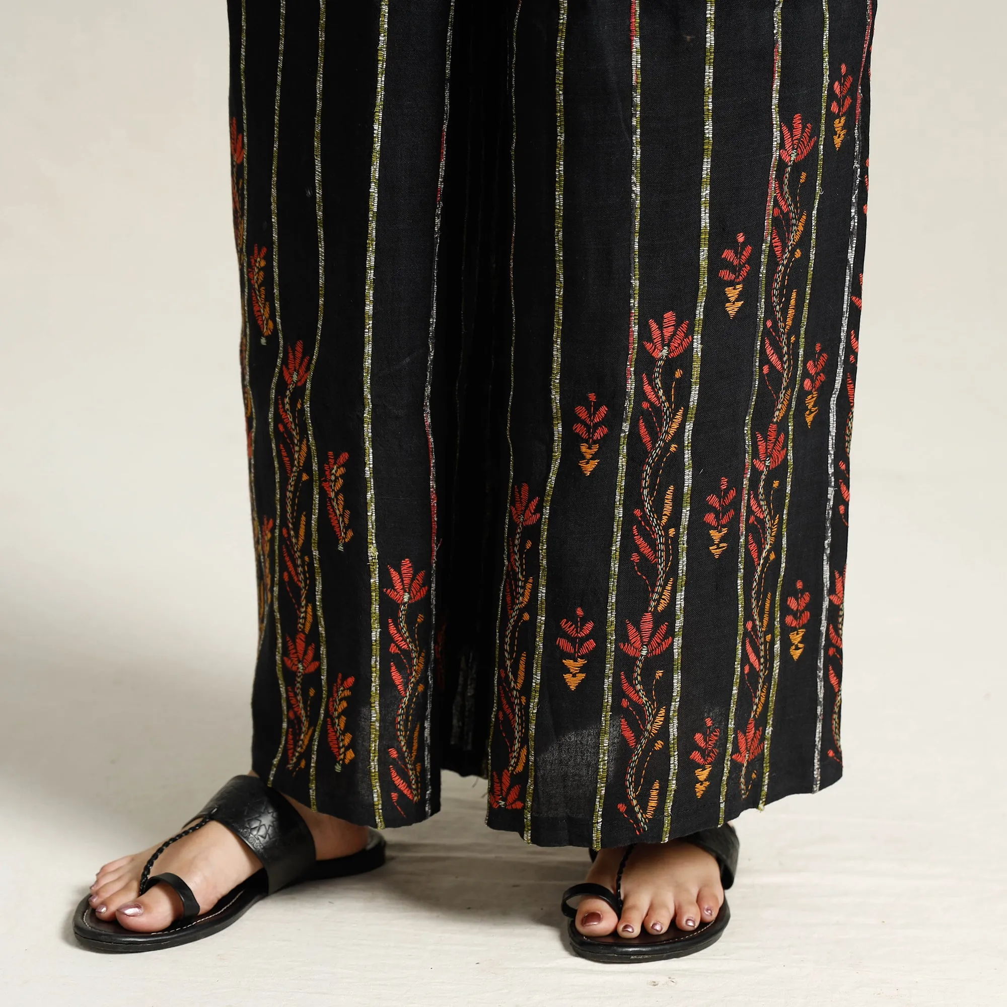 Black - Bengal Khesh Weaving Kantha Embroidery Cotton Palazzo 14