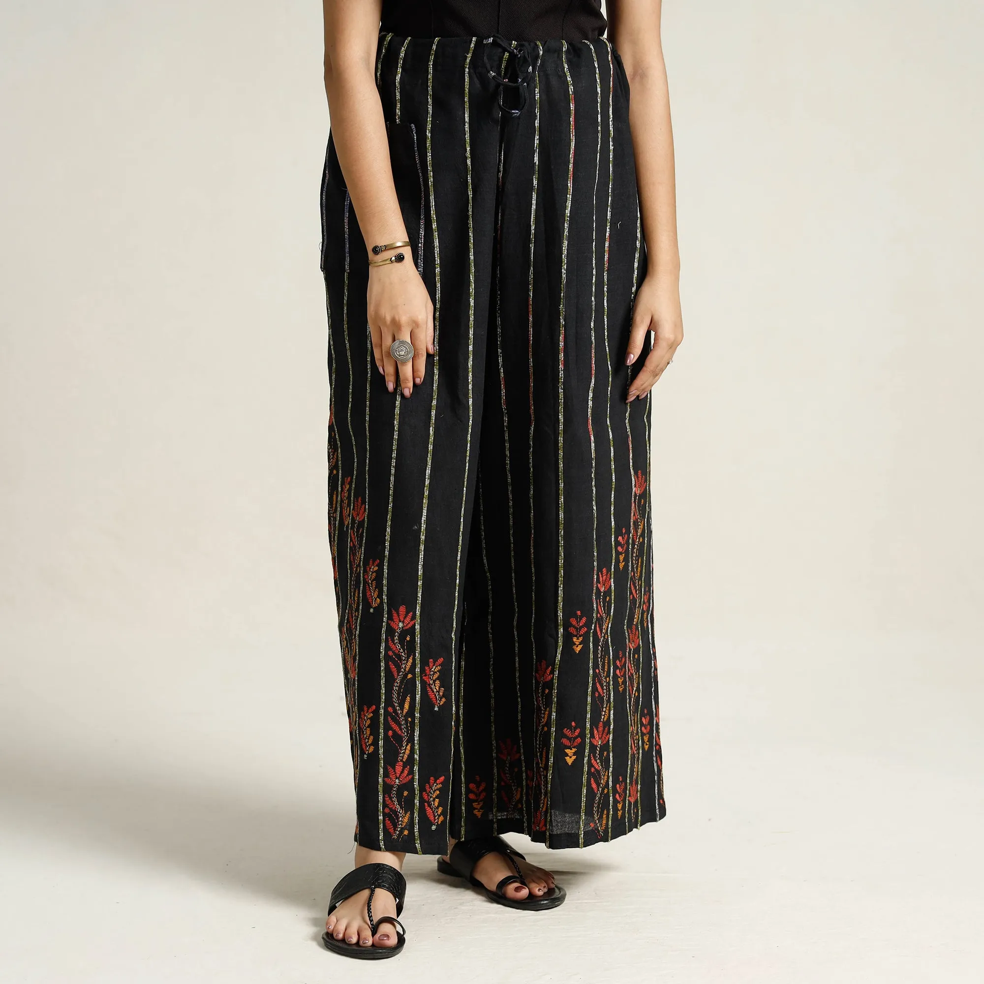 Black - Bengal Khesh Weaving Kantha Embroidery Cotton Palazzo 14