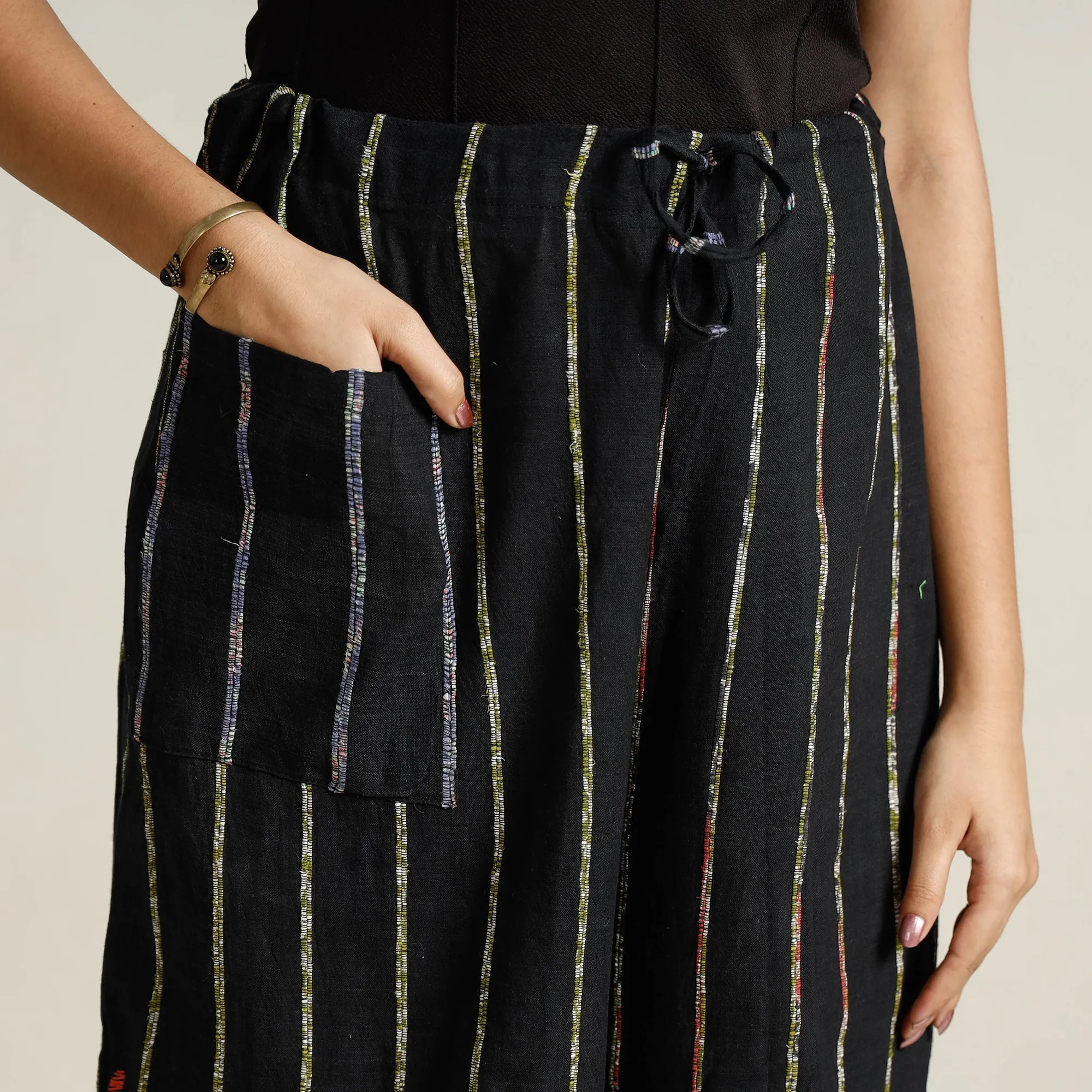 Black - Bengal Khesh Weaving Kantha Embroidery Cotton Palazzo 14