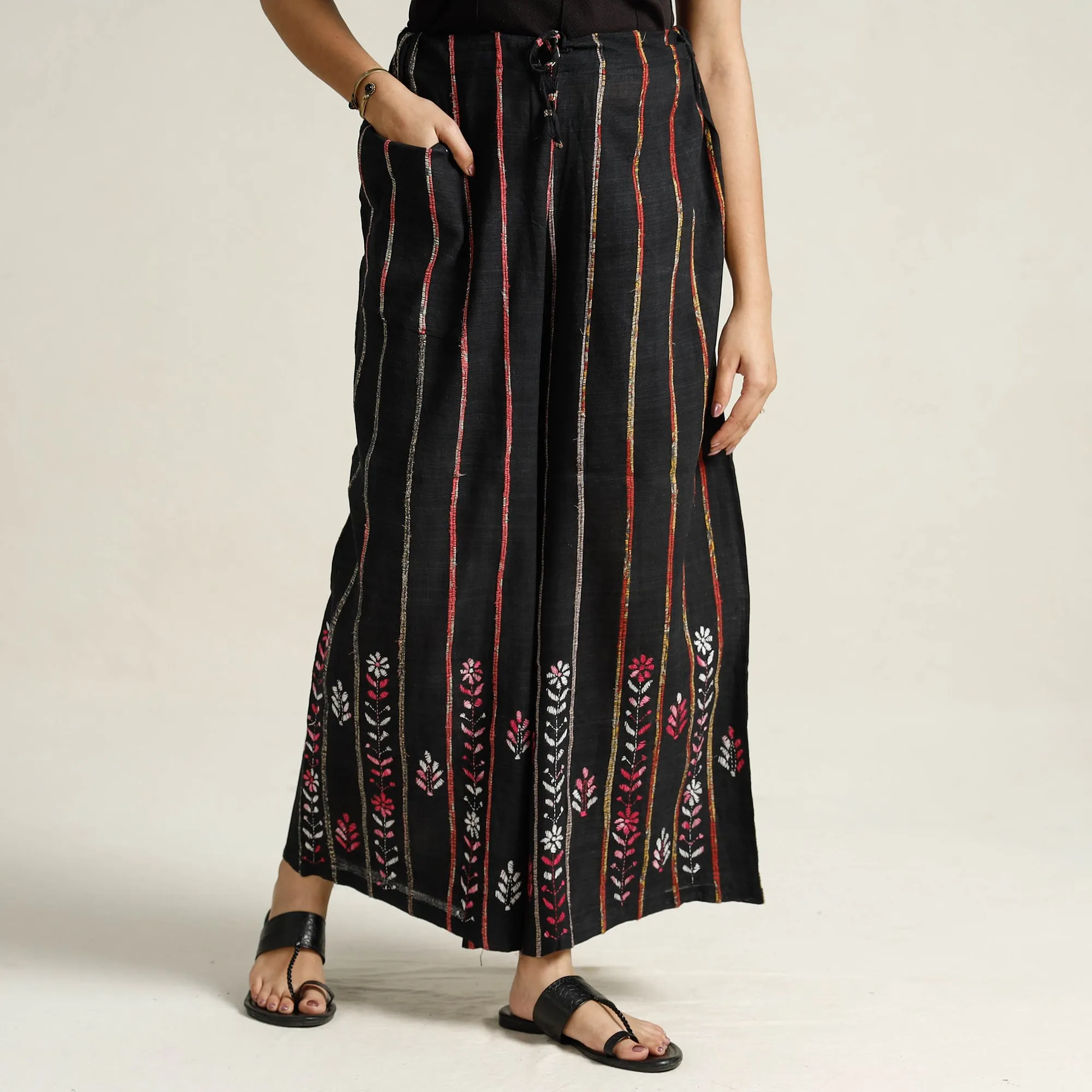 Black - Bengal Khesh Weaving Kantha Embroidery Cotton Palazzo 26