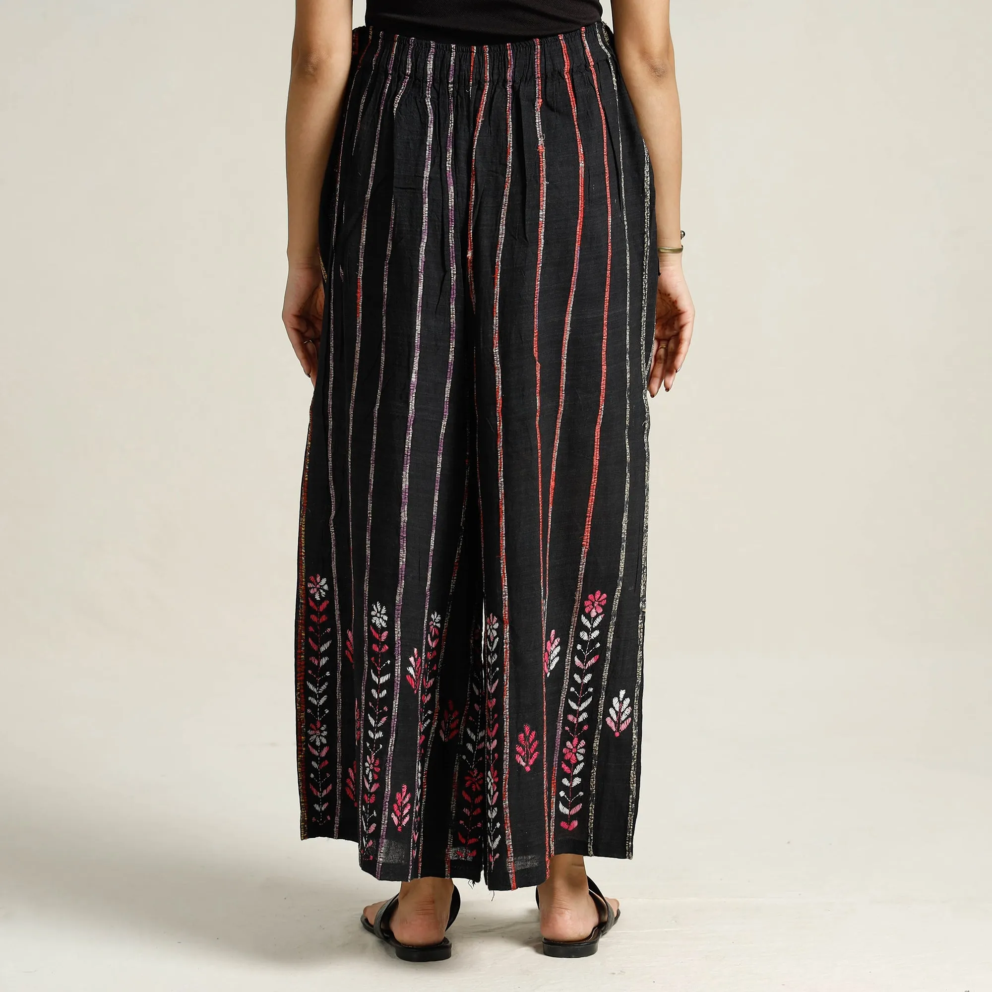 Black - Bengal Khesh Weaving Kantha Embroidery Cotton Palazzo 26