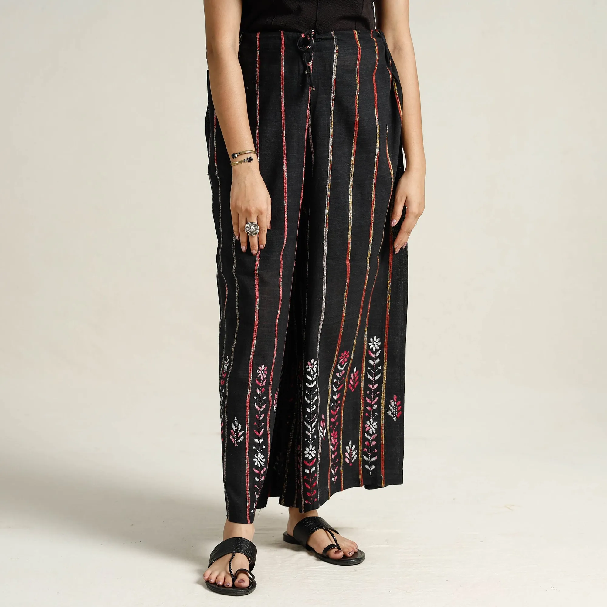 Black - Bengal Khesh Weaving Kantha Embroidery Cotton Palazzo 26