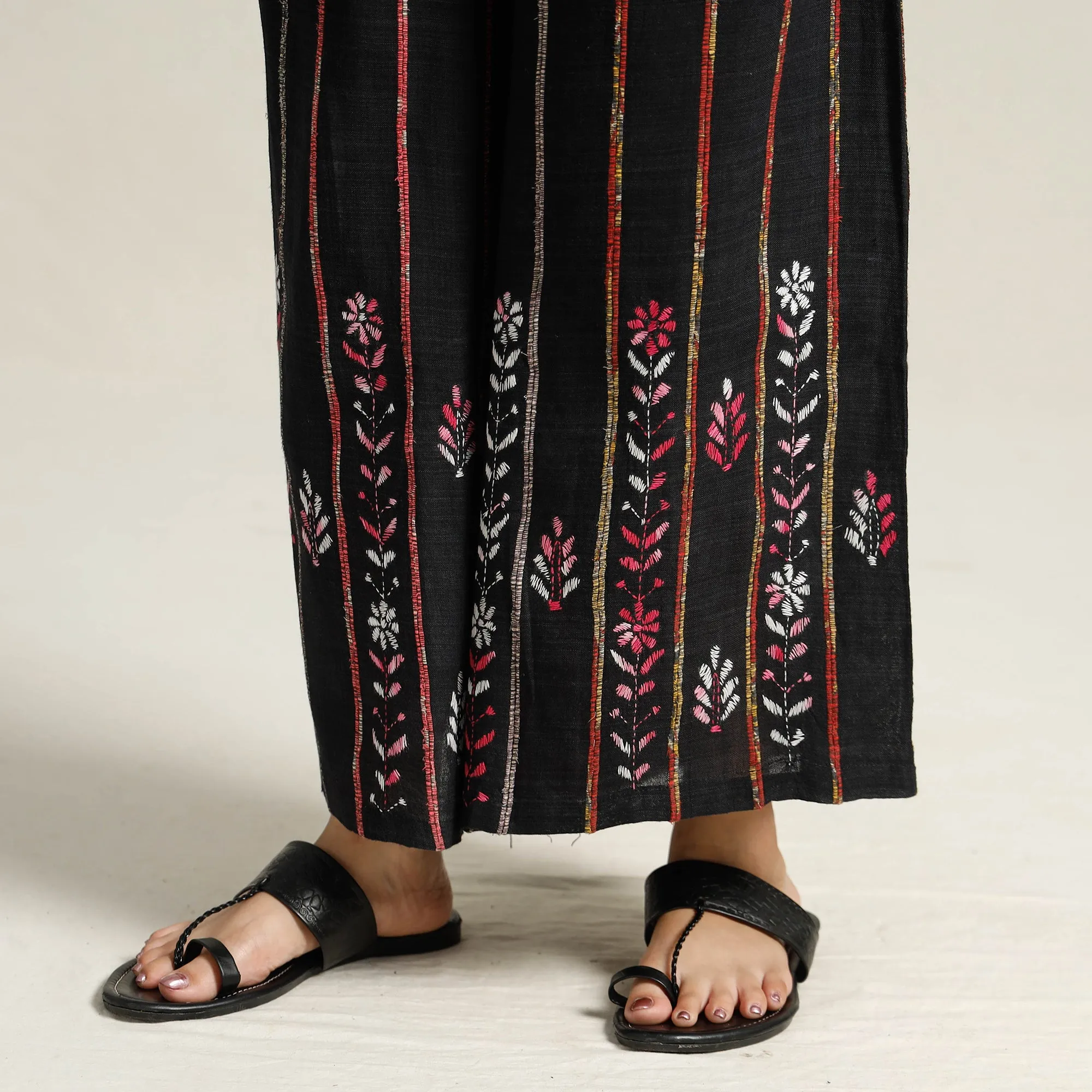 Black - Bengal Khesh Weaving Kantha Embroidery Cotton Palazzo 26