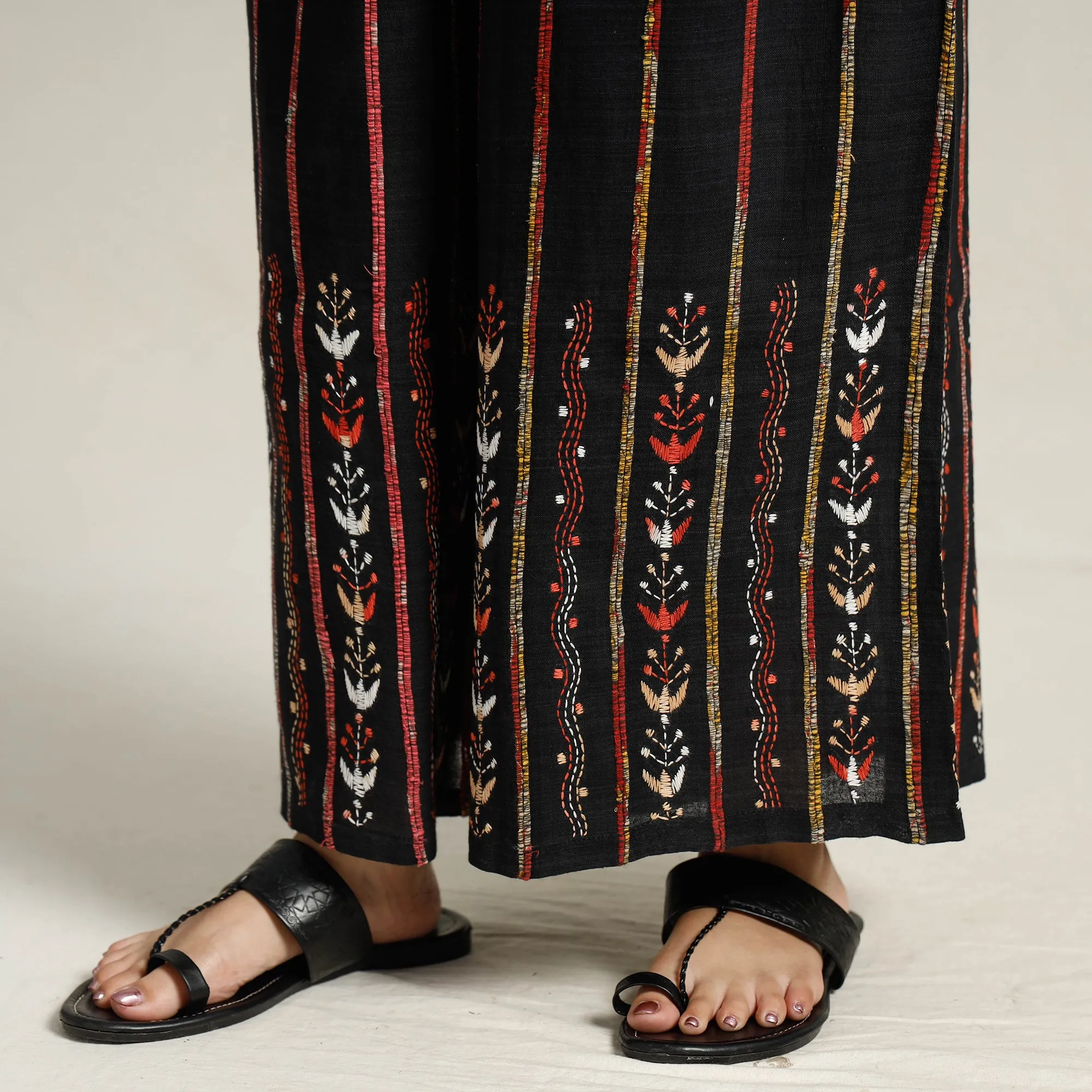 Black - Bengal Khesh Weaving Kantha Embroidery Cotton Palazzo 30