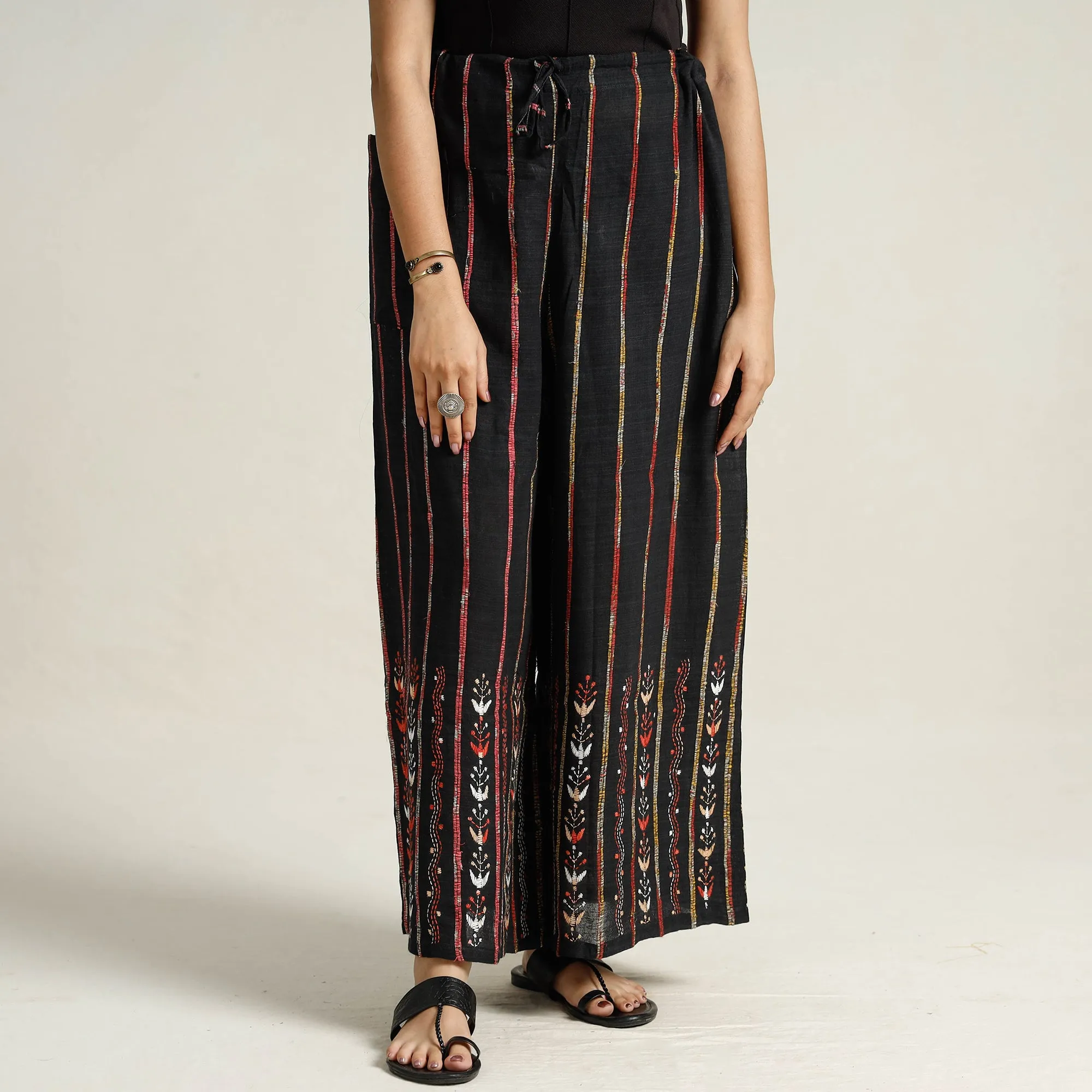 Black - Bengal Khesh Weaving Kantha Embroidery Cotton Palazzo 30