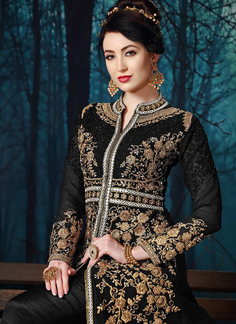 Black Slit Style Embroidered Anarkali Pant Suit
