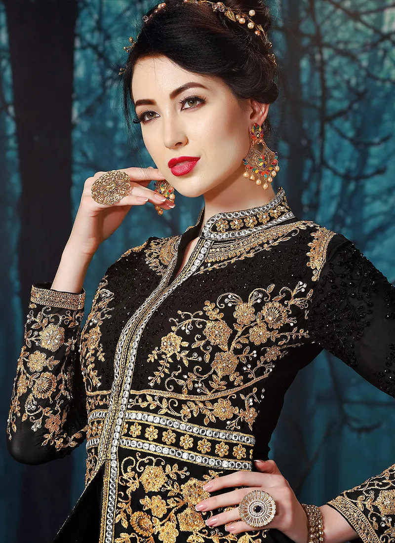 Black Slit Style Embroidered Anarkali Pant Suit