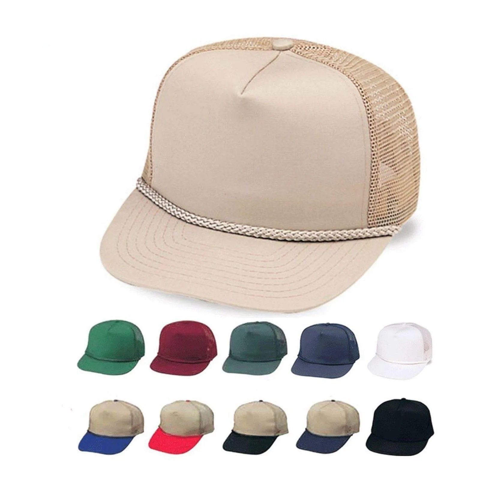 Blank Two Tone 5 Panel Trucker Cotton Twill Mesh Braid Hats Caps
