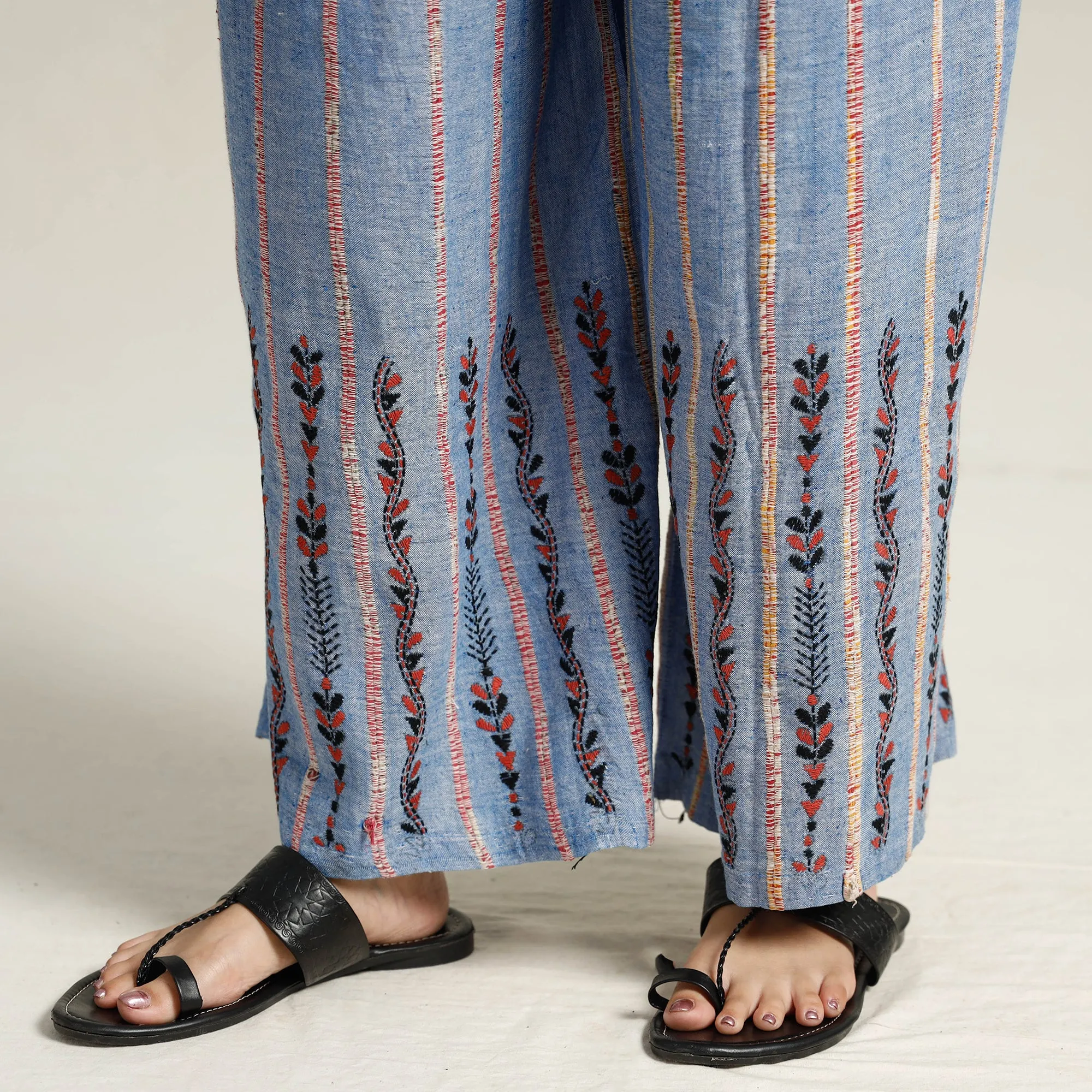 Blue - Bengal Khesh Weaving Kantha Embroidery Cotton Palazzo 35