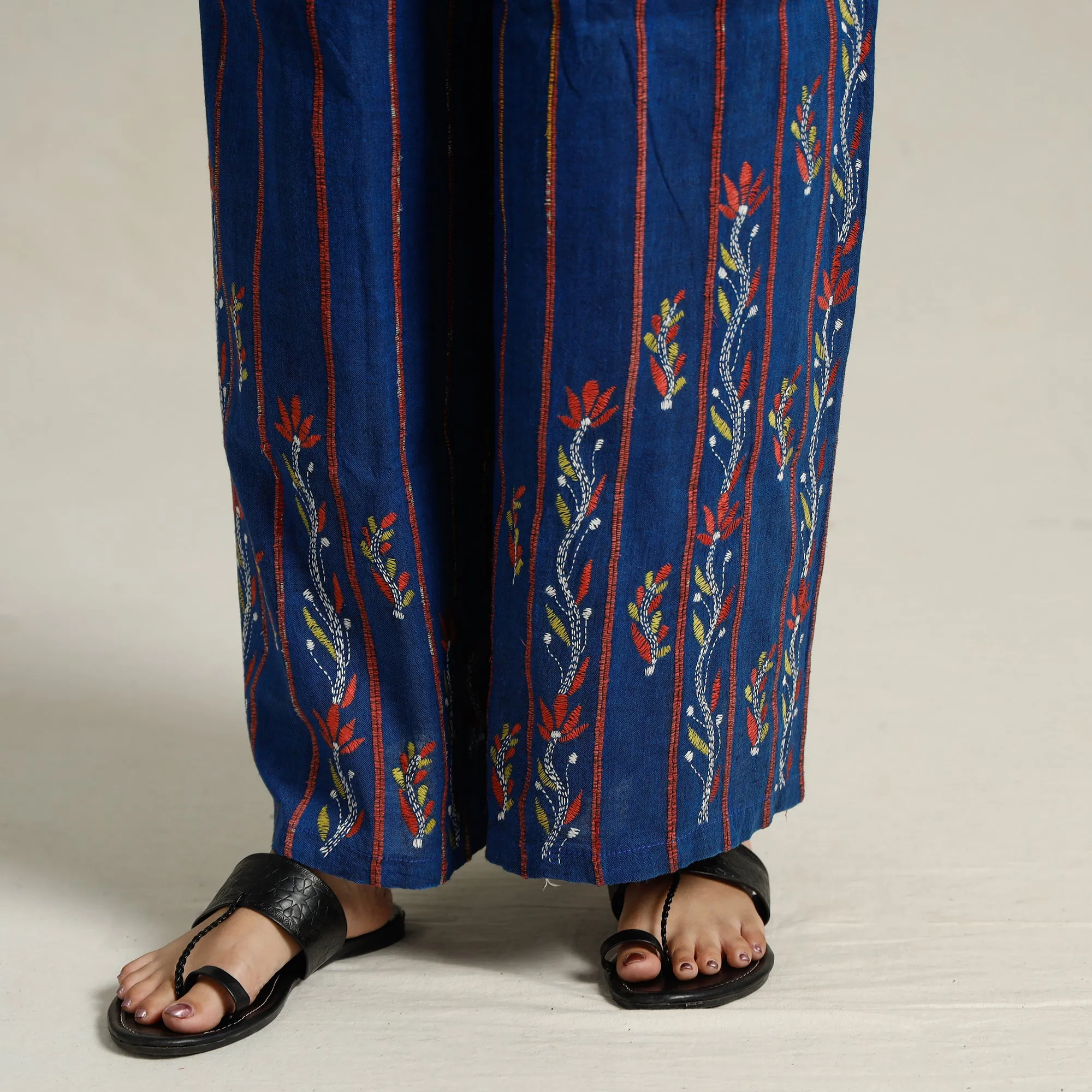 Blue - Bengal Khesh Weaving Kantha Embroidery Cotton Palazzo 68