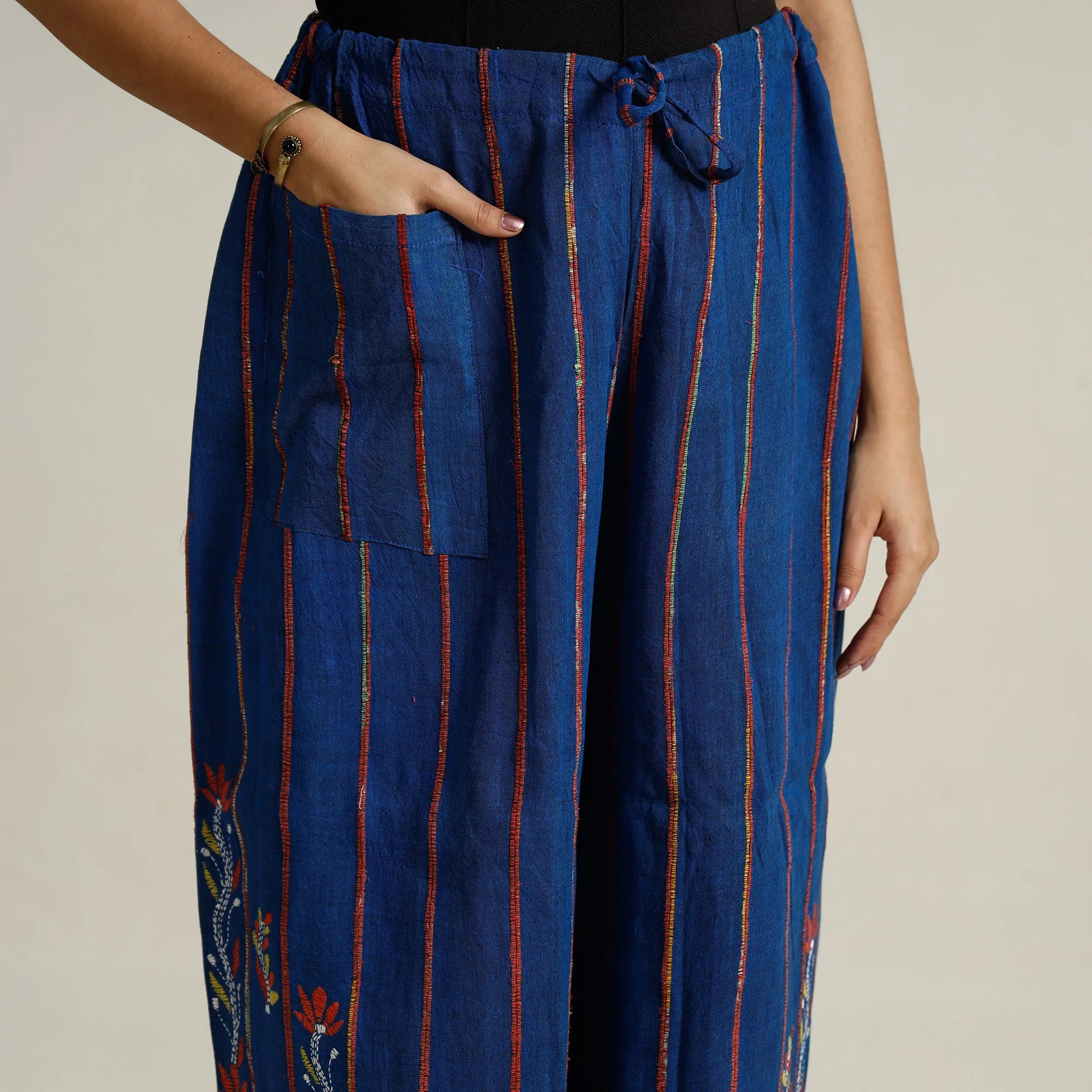 Blue - Bengal Khesh Weaving Kantha Embroidery Cotton Palazzo 68