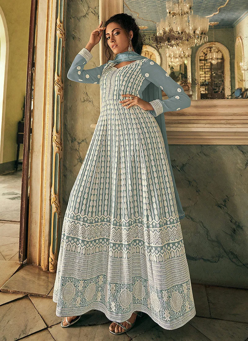 Blue Lucknowi Designer Anarkali Suit