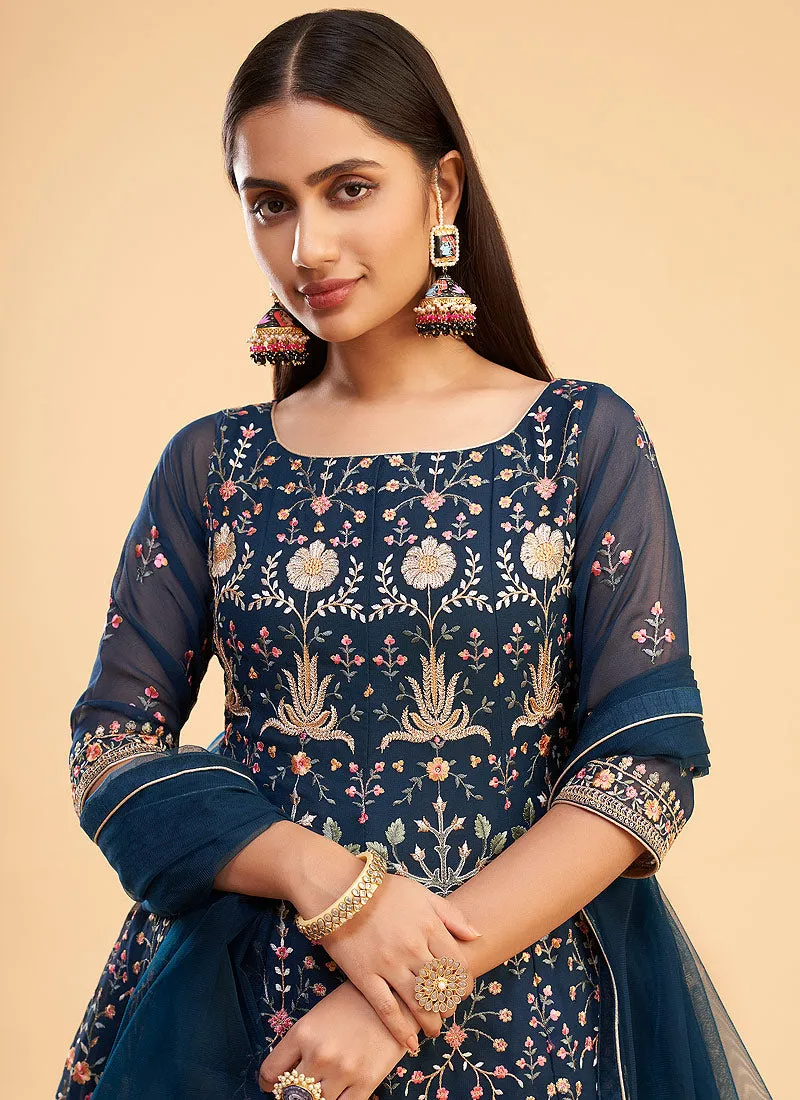 Blue Multi Kutchi Embroidered Pant Style Suit