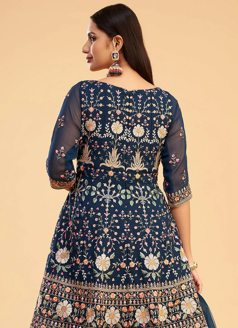 Blue Multi Kutchi Embroidered Pant Style Suit