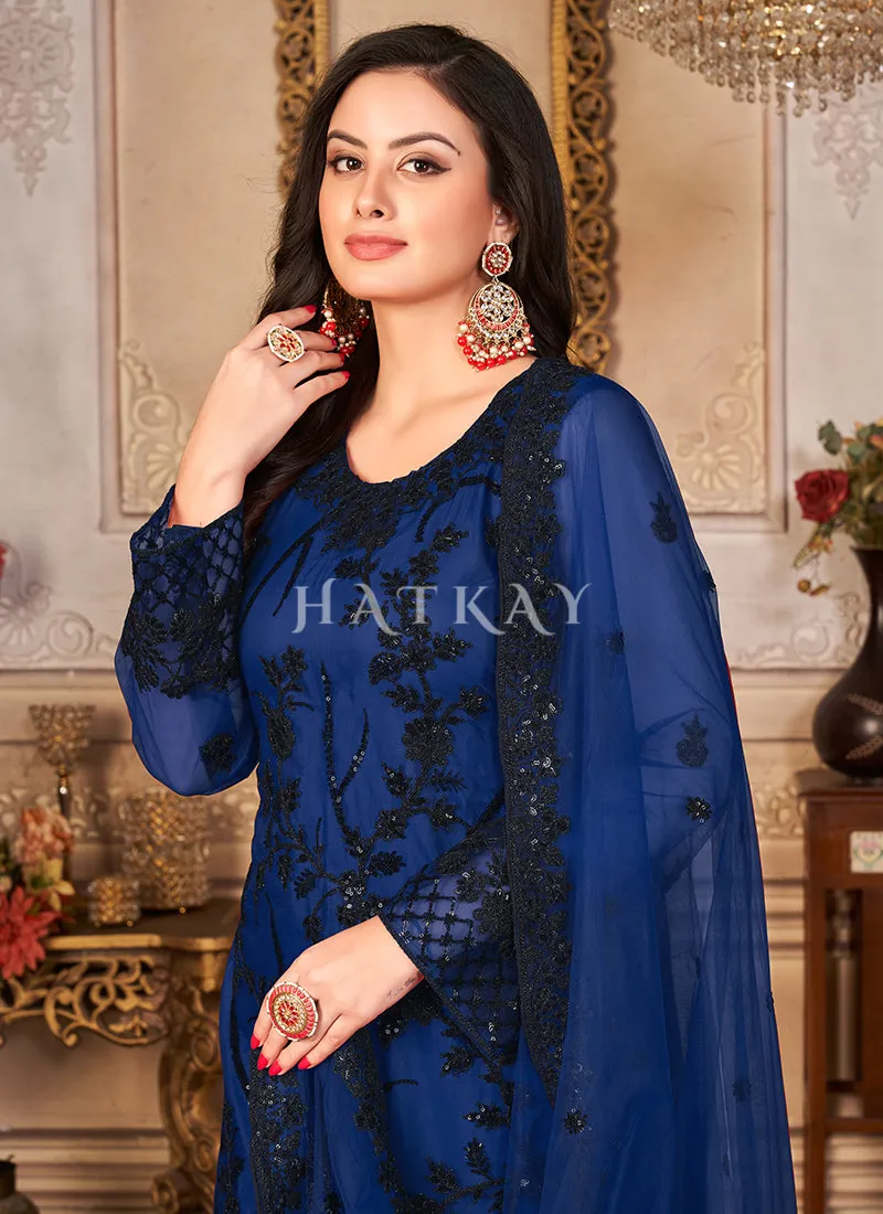 Blue Zari Embroidered Pant Style Suit