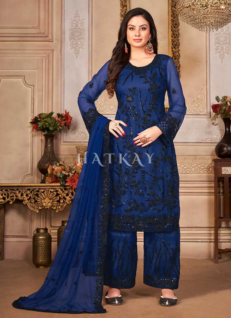 Blue Zari Embroidered Pant Style Suit