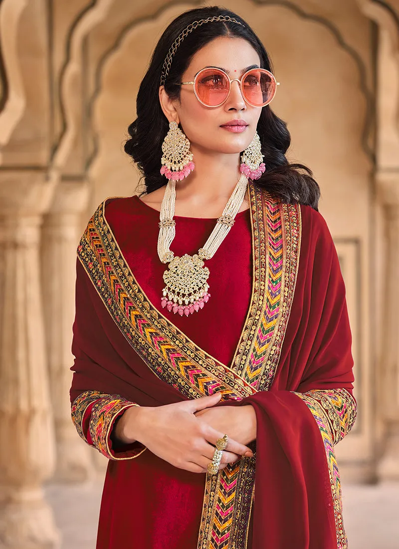 Bridal Red Multi Embroidered Velvet Pant Suit