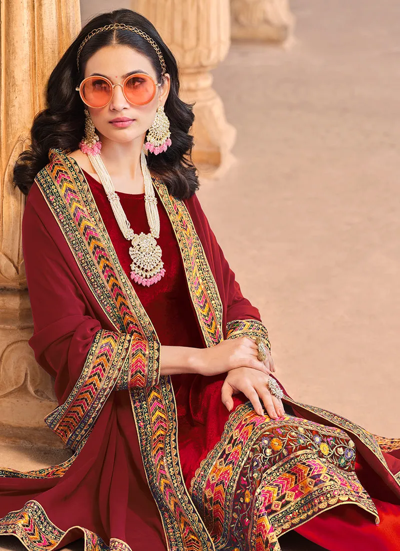 Bridal Red Multi Embroidered Velvet Pant Suit