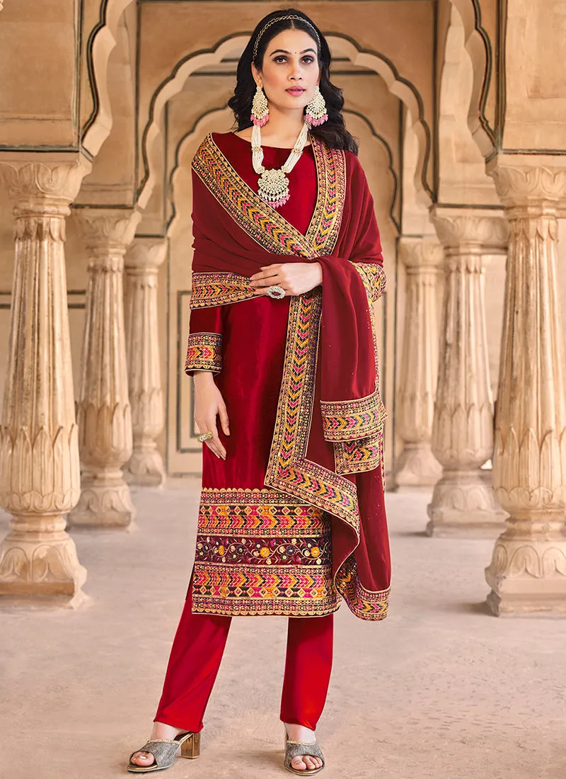 Bridal Red Multi Embroidered Velvet Pant Suit