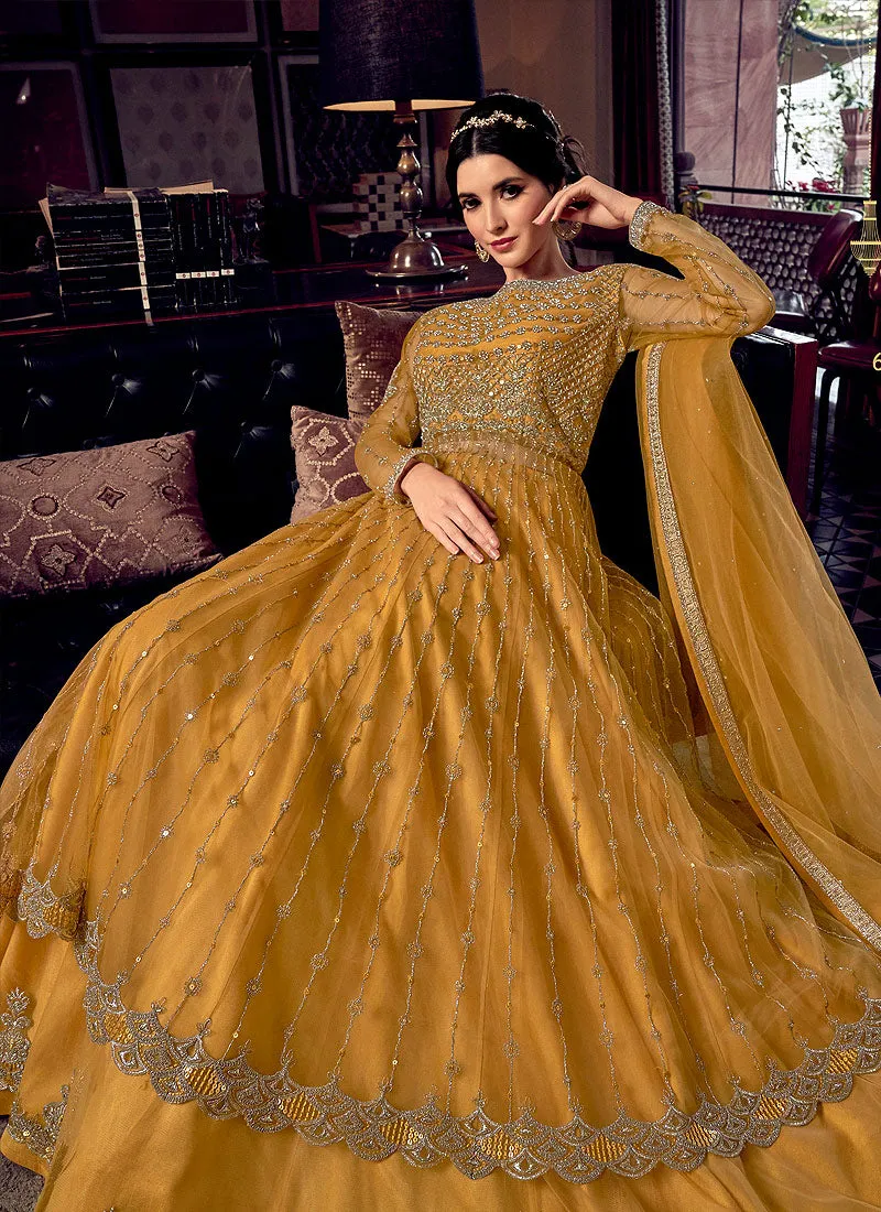 Bright Yellow Embroidered Anarkali Lehenga/Pant Suit