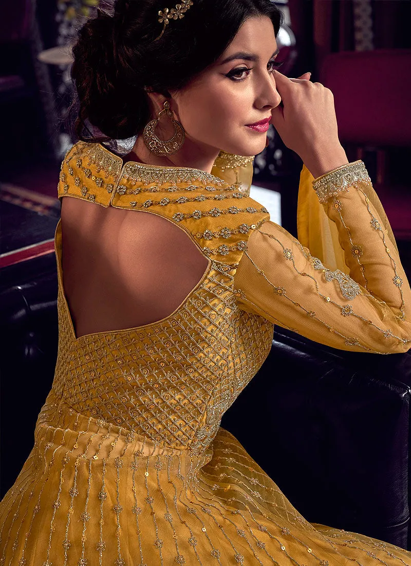 Bright Yellow Embroidered Anarkali Lehenga/Pant Suit